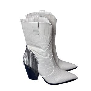 Nasty Gal Faux Croc Fringe Western Boots ivory white size US 6 UK 4